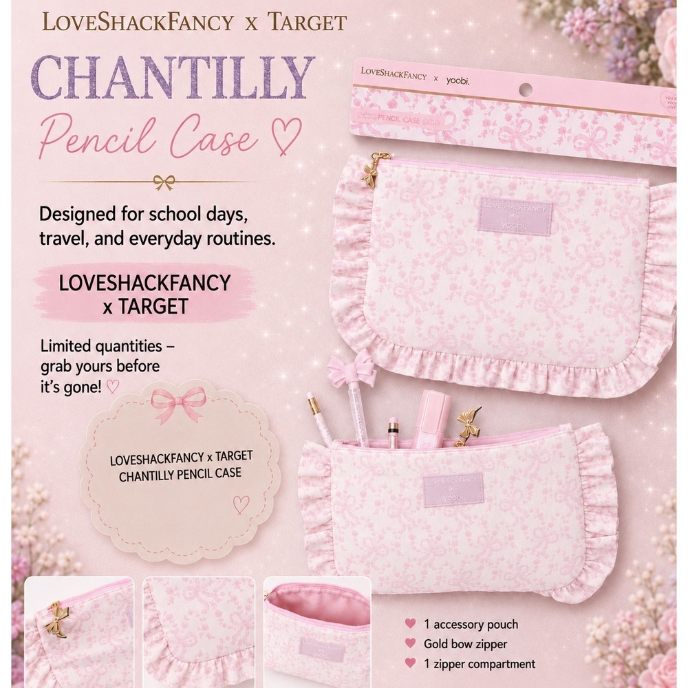 LoveShackFancy x Yoobi Chantilly Pencil Case Accessory Pouch Pink Bow Floral NWT